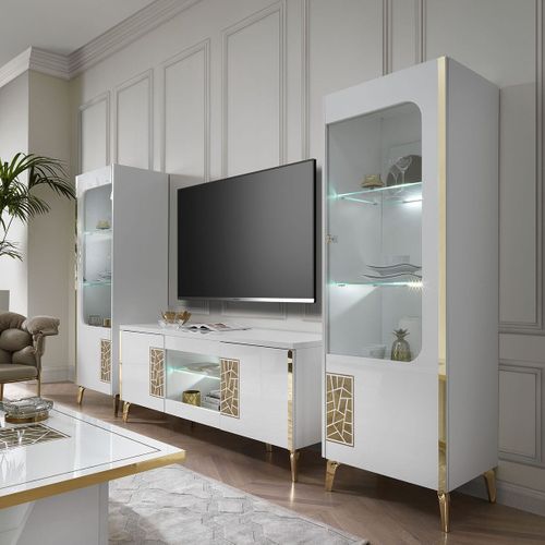 Vitrine 1 Porte Droite Laquée Blanc Et Or Décor Sérigraphié - Safary