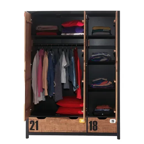 Armoire 3 Portes 2 Tiroirs En Pin Massif Avec Motifs - Tchad