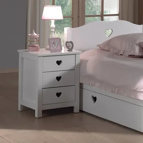 Chevet 3 Tiroirs Blanc Poignées Coeurs Ajourées - Milady