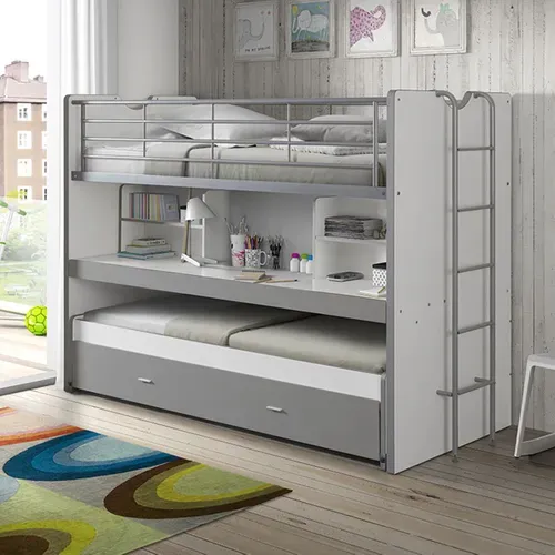 Lits Superposés Gigognes 90x200cm Gris + Bureau Coulissant - Baymax