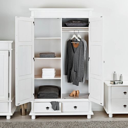 Armoire 2 Portes 2 Tiroirs Bois Massif Vernis Blanc - Tristan