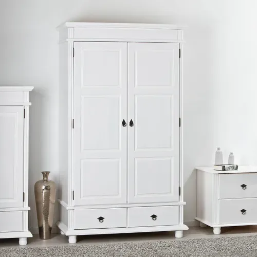 Armoire 2 Portes 2 Tiroirs Bois Massif Vernis Blanc - Tristan
