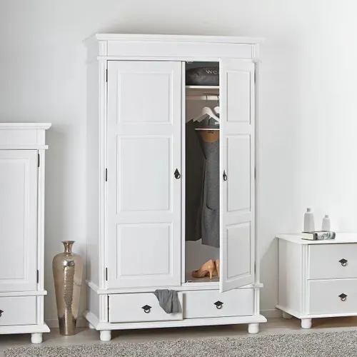 Armoire 2 Portes 2 Tiroirs Bois Massif Vernis Blanc - Tristan