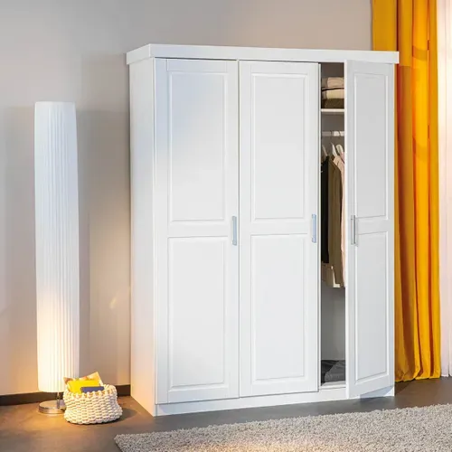 Armoire 3 Portes + Penderie Bois Massif Vernis Blanc - Alaska
