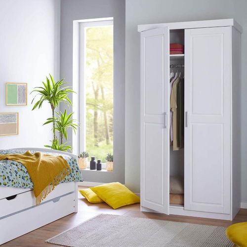 Armoire 2 Portes + Penderie Bois Massif Vernis Blanc - Alaska