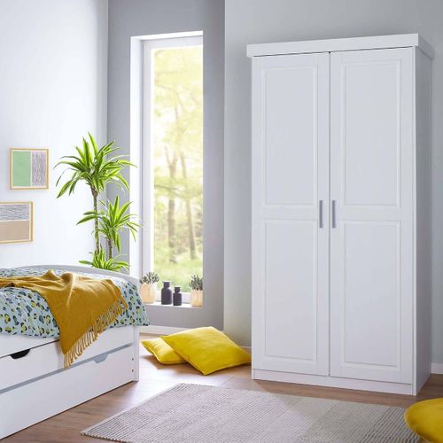 Armoire 2 Portes + Penderie Bois Massif Vernis Blanc - Alaska