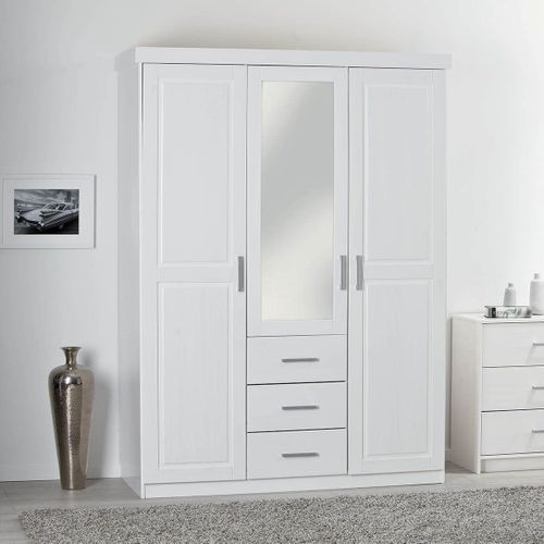 Armoire 3 Portes 1 Miroir Bois Massif Vernis Blanc - Alaska