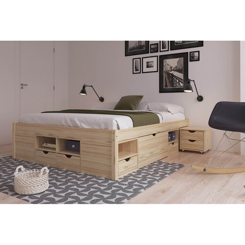 Lit 140x200cm Multi-rangement Bois Massif - Cali