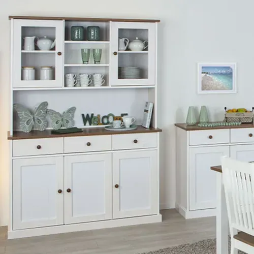 Buffet Vaisselier 5 Portes 3 Tiroirs Bois Massif Vernis Sepia Et Blanc - Socoa