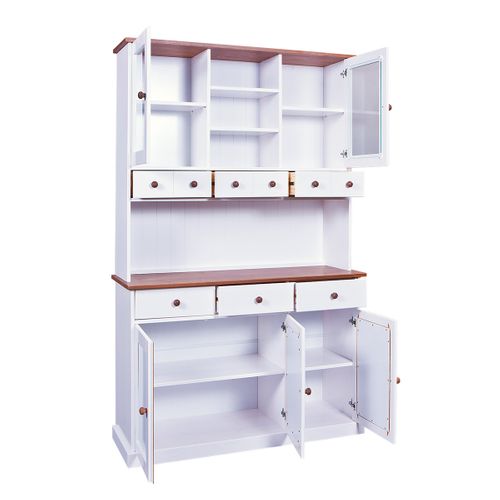 Buffet Vaisselier 5 Portes 6 Tiroirs Bois Massif Vernis Sepia Et Blanc - Socoa