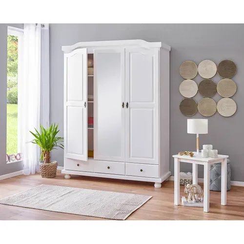 Armoire 3 Portes Avec Penderie Bois Massif Vernis Blanc - Neder
