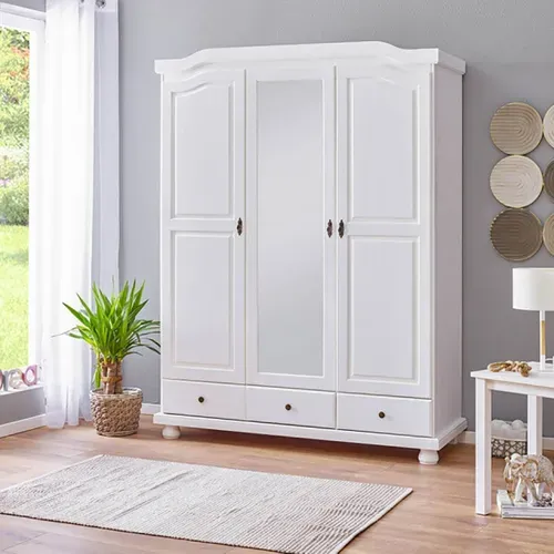 Armoire 3 Portes Avec Penderie Bois Massif Vernis Blanc - Neder