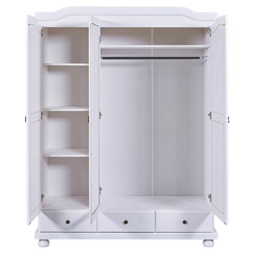 Armoire 3 Portes Avec Penderie Bois Massif Vernis Blanc - Neder