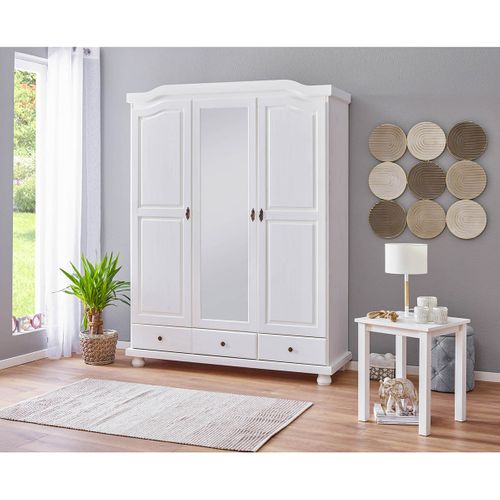 Armoire 3 Portes Avec Penderie Bois Massif Vernis Blanc - Neder