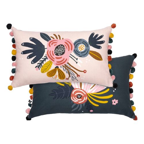 Coussin Déhoussable 30x50cm Coton Motif Rétro Avec Pompons - Capuk