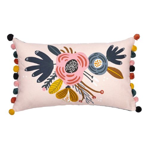 Coussin Déhoussable 30x50cm Coton Motif Rétro Avec Pompons - Capuk