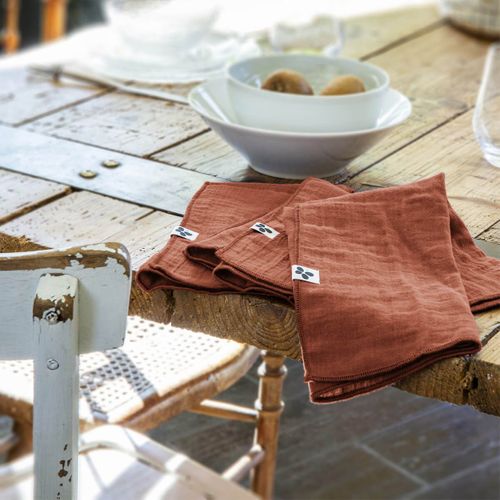 Lot De 3 Serviettes 40x40cm Gaze De Coton Terracotta - Ourea
