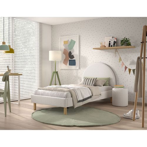 Pack Lit 90x200cm Tête Demi-lune + Pouf Tissu Bouclé Blanc - Connie