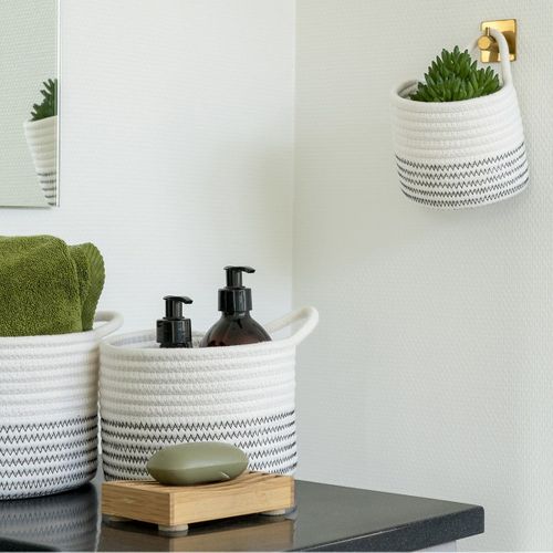 Lot De 3 Paniers En Coton Blanc Et Avec Surpiqûres Zig-zag Et 1 Poignée - Bianca