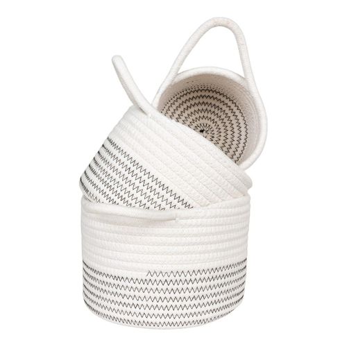 Lot De 3 Paniers En Coton Blanc Et Avec Surpiqûres Zig-zag Et 1 Poignée - Bianca