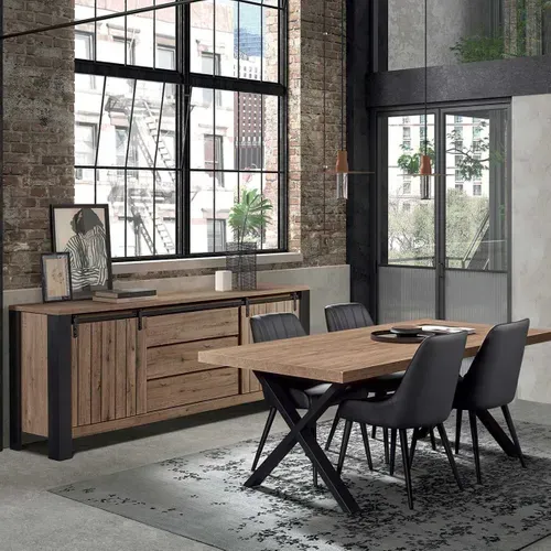 Ensemble Buffet Et Table 170 Cm Aspect Bois Piètement X Métal Noir - Clodius