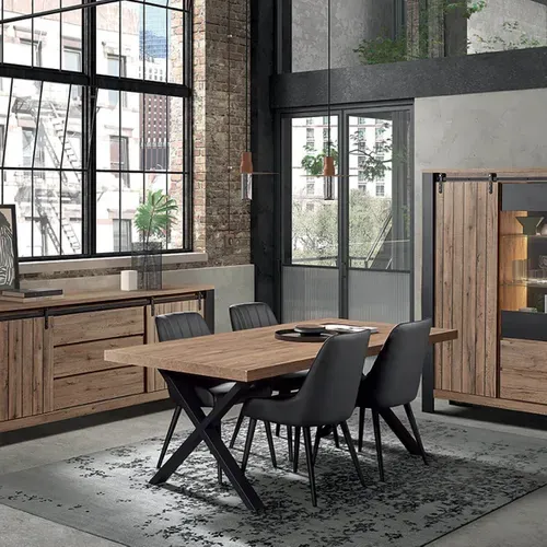 Ensemble Séjour Complet Et Table 170 Cm Aspect Bois Piètement X Métal Noir - Clodius