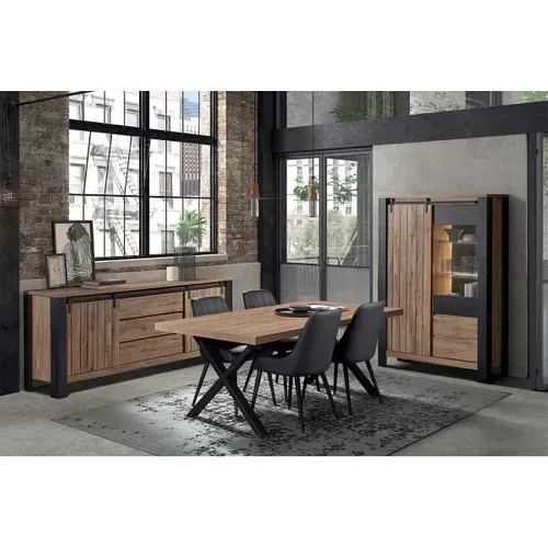 Ensemble Séjour Complet Et Table 200 Cm Aspect Bois Piètement X Métal Noir - Clodius