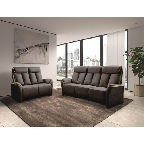 Canapé Relax Electrique 3 Places New Nobuck Gris Foncé Et Beige - Coimbra