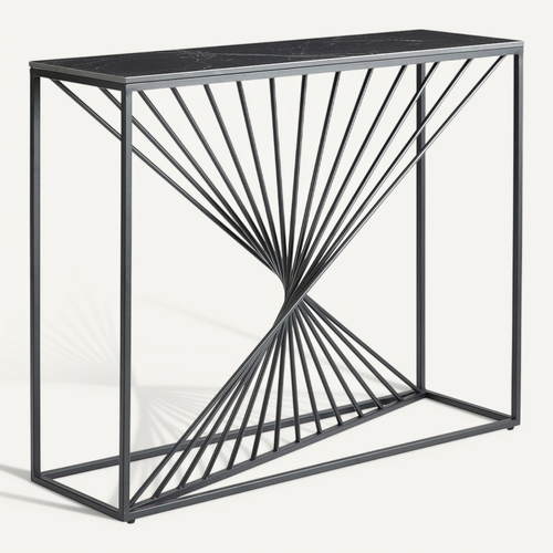 Console Plateau Céramique Marbré Noir Pieds Métal Noir - Domus