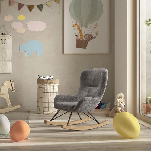 Chaise à Bascule Enfant En Tissu Bouclette Gris Pieds Bois Et Métal - Mouty