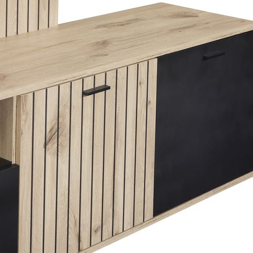 Meuble TV Mural Avec Banc TV Et Colonne LED Inclue Et Aspect Bois Noir - Niver