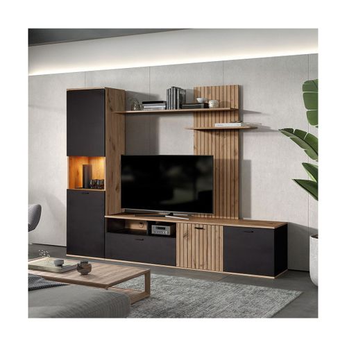 Meuble TV Mural Avec Banc TV Et Colonne LED Inclue Et Aspect Bois Noir - Niver