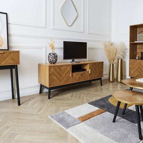 Meuble TV 2 Portes Et 1 Tiroir Aspect Bois Décor Chevrons Piétement Noir - Sixtys
