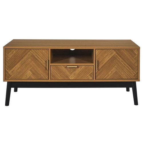Meuble TV 2 Portes Et 1 Tiroir Aspect Bois Décor Chevrons Piétement Noir - Sixtys