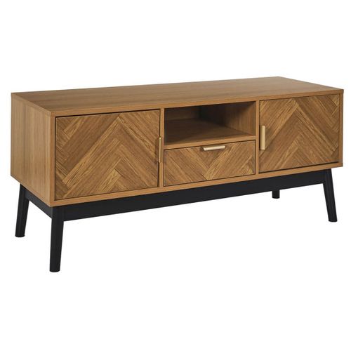 Meuble TV 2 Portes Et 1 Tiroir Aspect Bois Décor Chevrons Piétement Noir - Sixtys