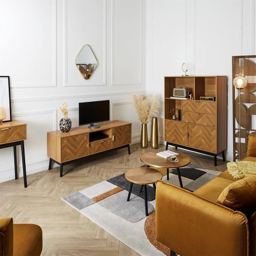 Meuble TV 2 Portes Et 1 Tiroir Aspect Bois Décor Chevrons Piétement Noir - Sixtys