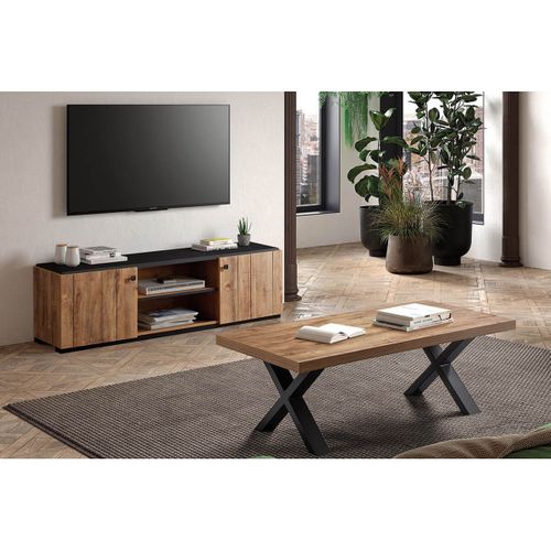 Ensemble Salon Meuble TV Et Table Basse Aspect Bois Finition Denver Piètement X Métal Noir - Gless