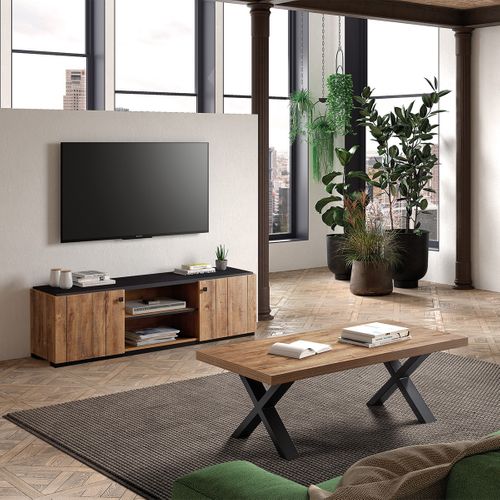 Ensemble Salon Meuble TV Et Table Basse Aspect Bois Finition Denver Piètement X Métal Noir - Gless