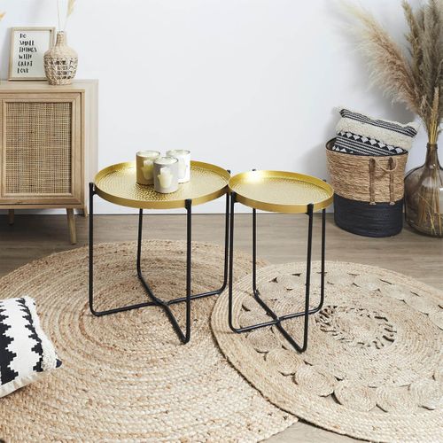 Table D'appoint D35cm Plateau En Métal Doré Martelé Pieds En Métal Noir - Symba