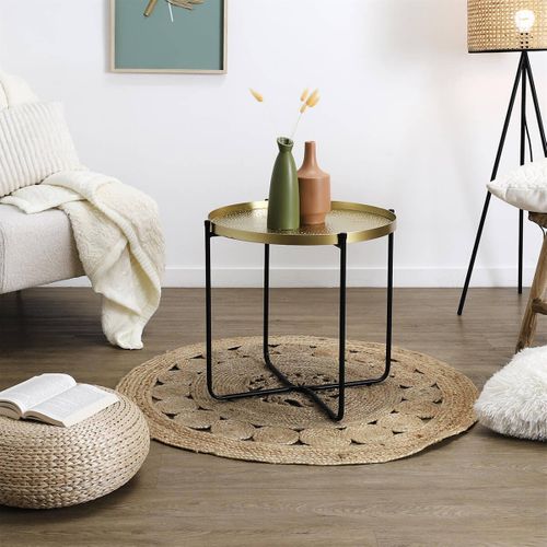 Table D'appoint D50cm Plateau En Métal Doré Martelé Pieds En Métal Noir - Symba