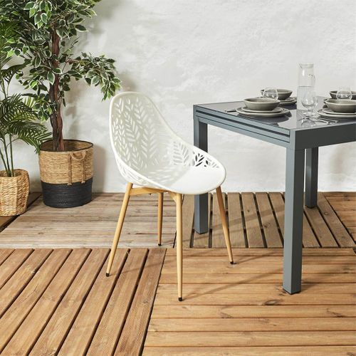 Lot De 4 Chaises De Jardin Coque Plastique Ajourée Blanc Pieds Métal - Saya