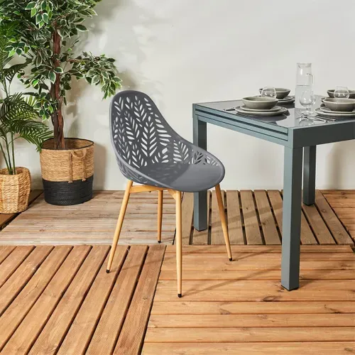 Lot De 4 Chaises De Jardin Coque Plastique Ajourée Gris Pieds Métal - Saya