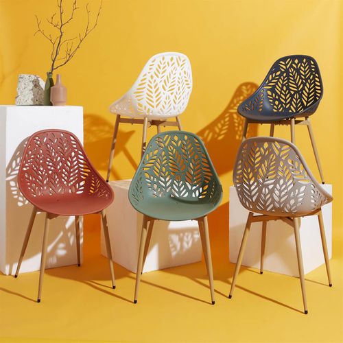 Lot De 4 Chaises De Jardin Coque Plastique Ajourée Gris Pieds Métal - Saya