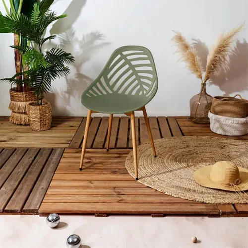 Lot De 4 Chaises De Jardin Coque Plastique Ajourée Vert Olive Pieds Métal - Saori