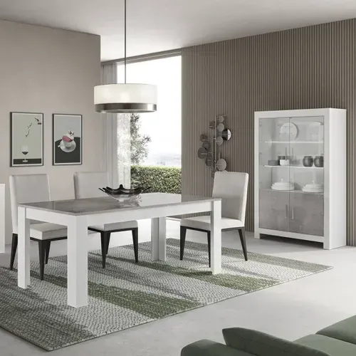 Vitrine 4 Portes Laquée Blanc Brillant Et Gris Marbré Avec LEDs - Denae