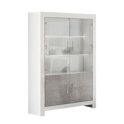 Vitrine 4 Portes Laquée Blanc Brillant Et Gris Marbré Avec LEDs - Denae