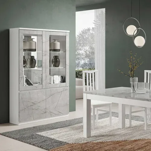Vitrine 4 Portes Laquée Blanc Et Gris Marbré Avec LEDs - Deyton