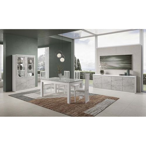 Vitrine 4 Portes Laquée Blanc Et Gris Marbré Avec LEDs - Deyton