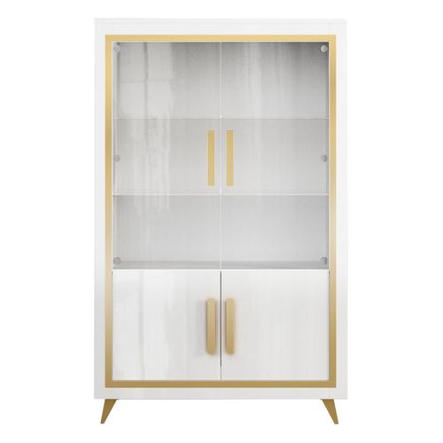 Ensemble Séjour Complet Blanc Décor Doré Table 160cm + Buffet Et Vitrine Avec LEDs - Jemma