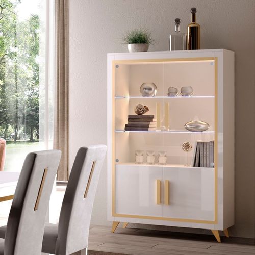 Ensemble Séjour Complet Blanc Décor Doré Table 160cm + Buffet Et Vitrine Avec LEDs - Jemma